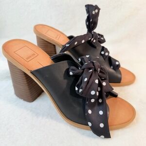 Dolce Vita Aleeya Black Leather Polka Dot Bow Block 3.5" Heel Mules Womens 9.5M